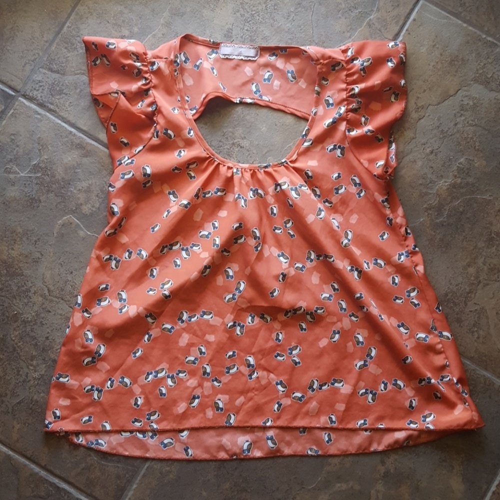Cute Owl Print Rust Colored Blouse Opening in Back